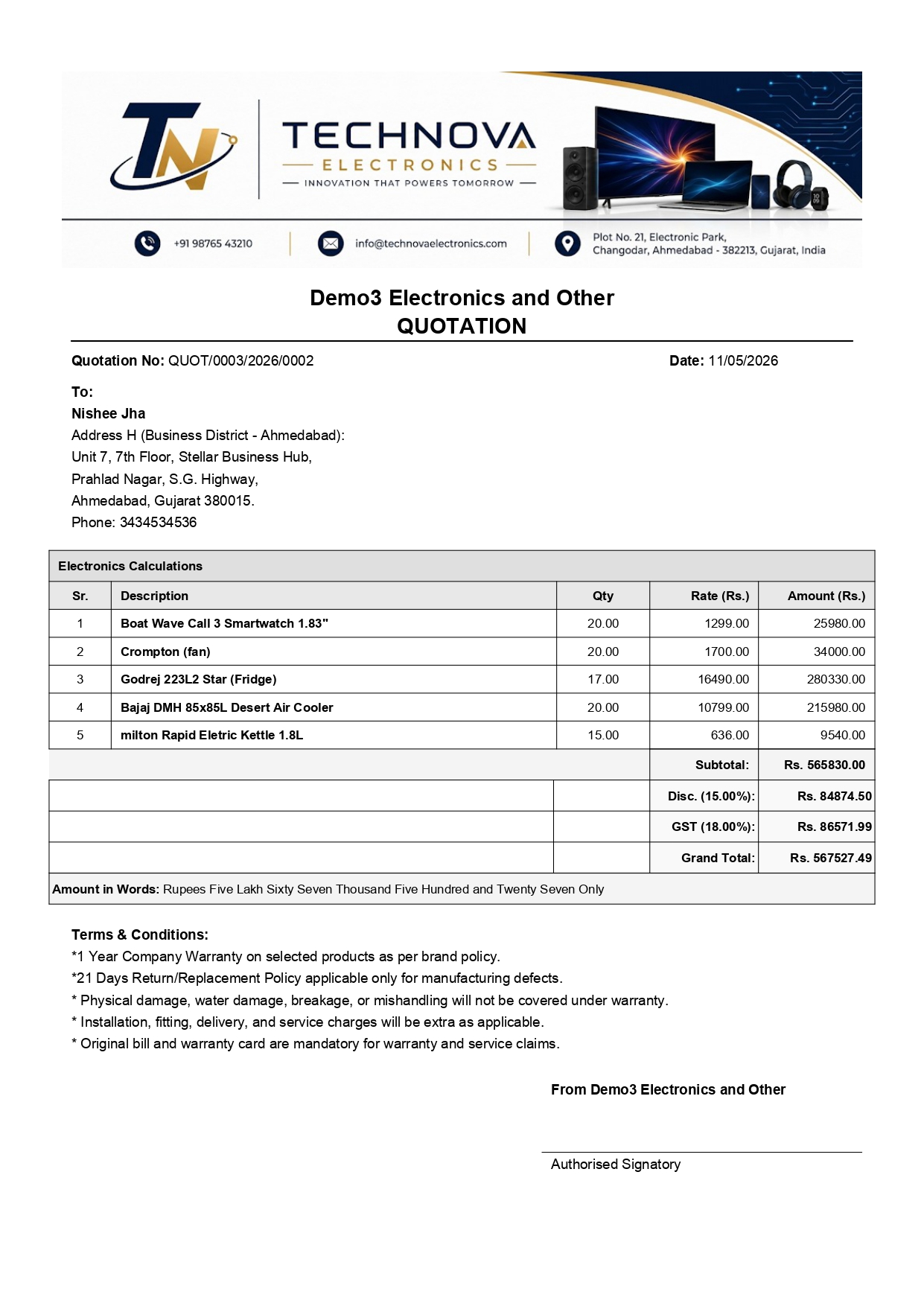 Technova Electronics Quotation — Smartwatch, fans, fridge, air cooler, kettle, phones. Grand total Rs. 16,11,632.20